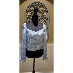 Unbranded Cottagecore Romantic Blue & White Floral S Puff SleeveTop